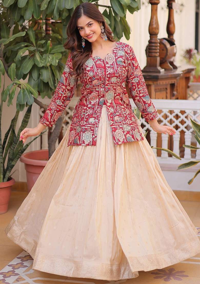 Maroon Zari Work Jacquard Lehenga Set - Indya