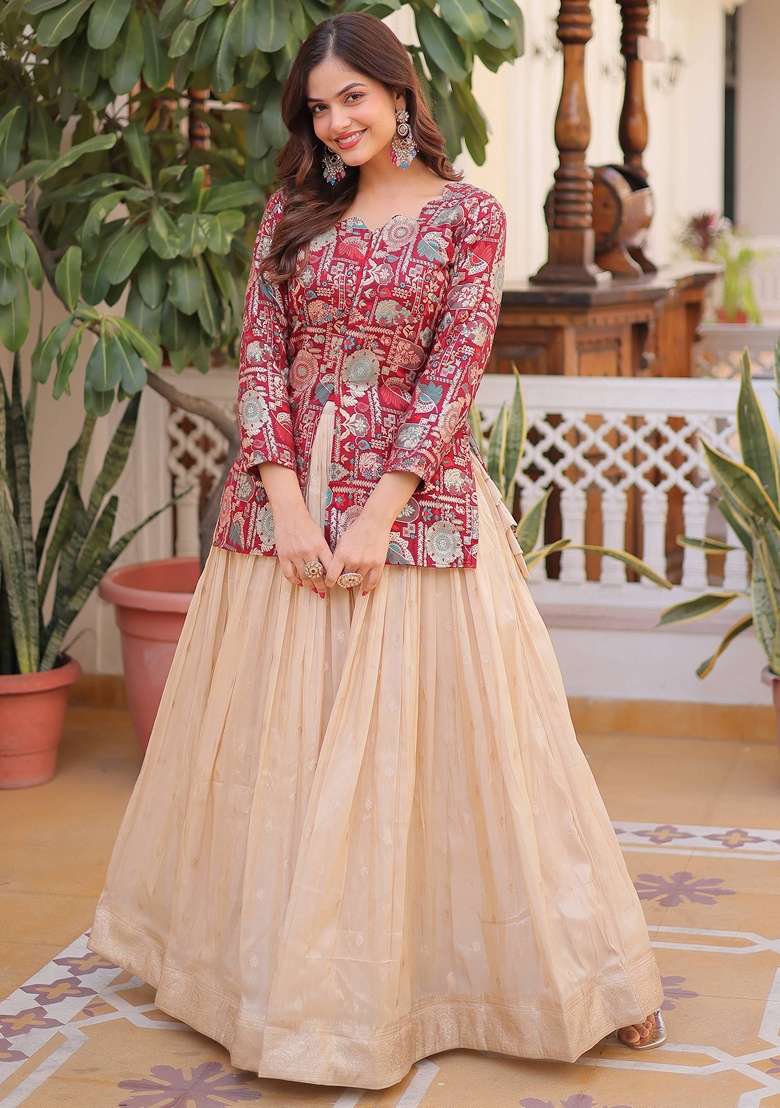Maroon Zari Work Jacquard Lehenga Set - Indya
