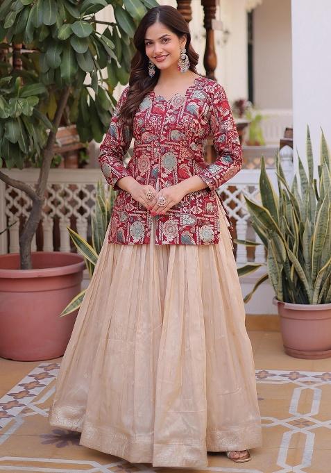 Maroon Zari Work Jacquard Lehenga Set — view on Indya