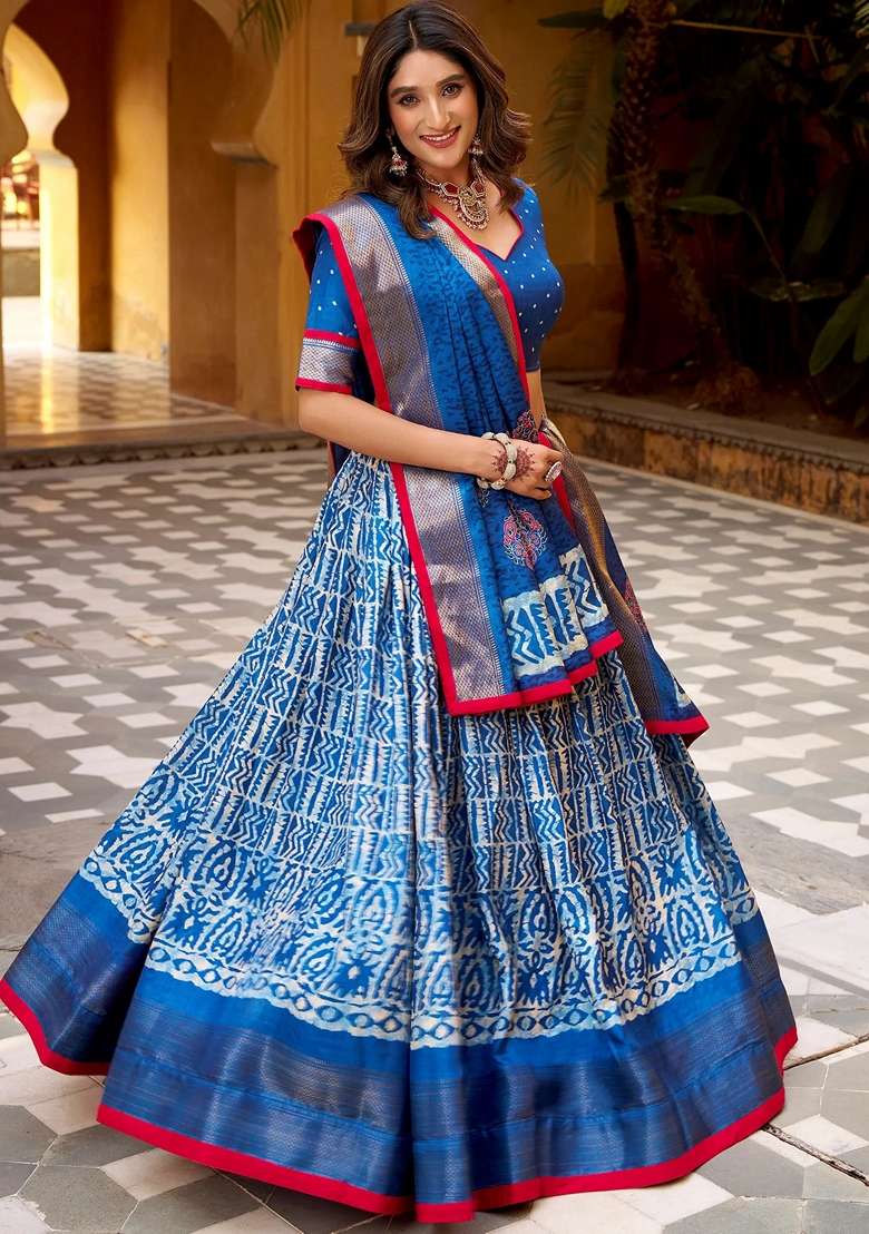 Blue Printed Silk Blend Chaniya Choli Set For Navratri And Garba for Diwali and Festive Wear - Indya