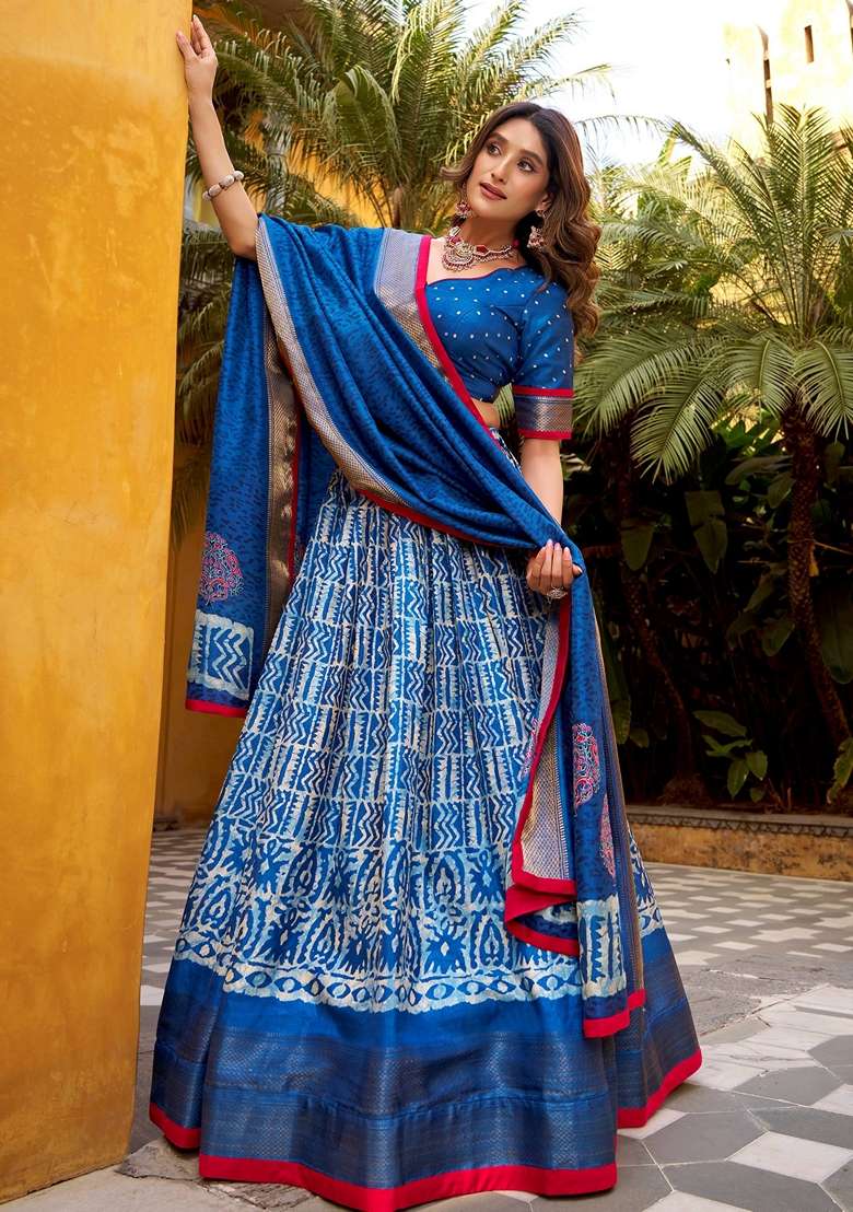 Blue Printed Silk Blend Chaniya Choli Set For Navratri And Garba for Diwali and Festive Wear - Indya
