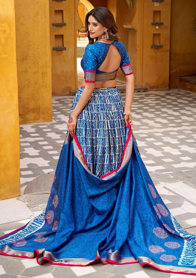 Blue Printed Silk Blend Chaniya Choli Set For Navratri And Garba for Diwali and Festive Wear - Indya