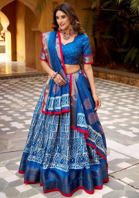 Blue Printed Silk Blend Lehenga Set