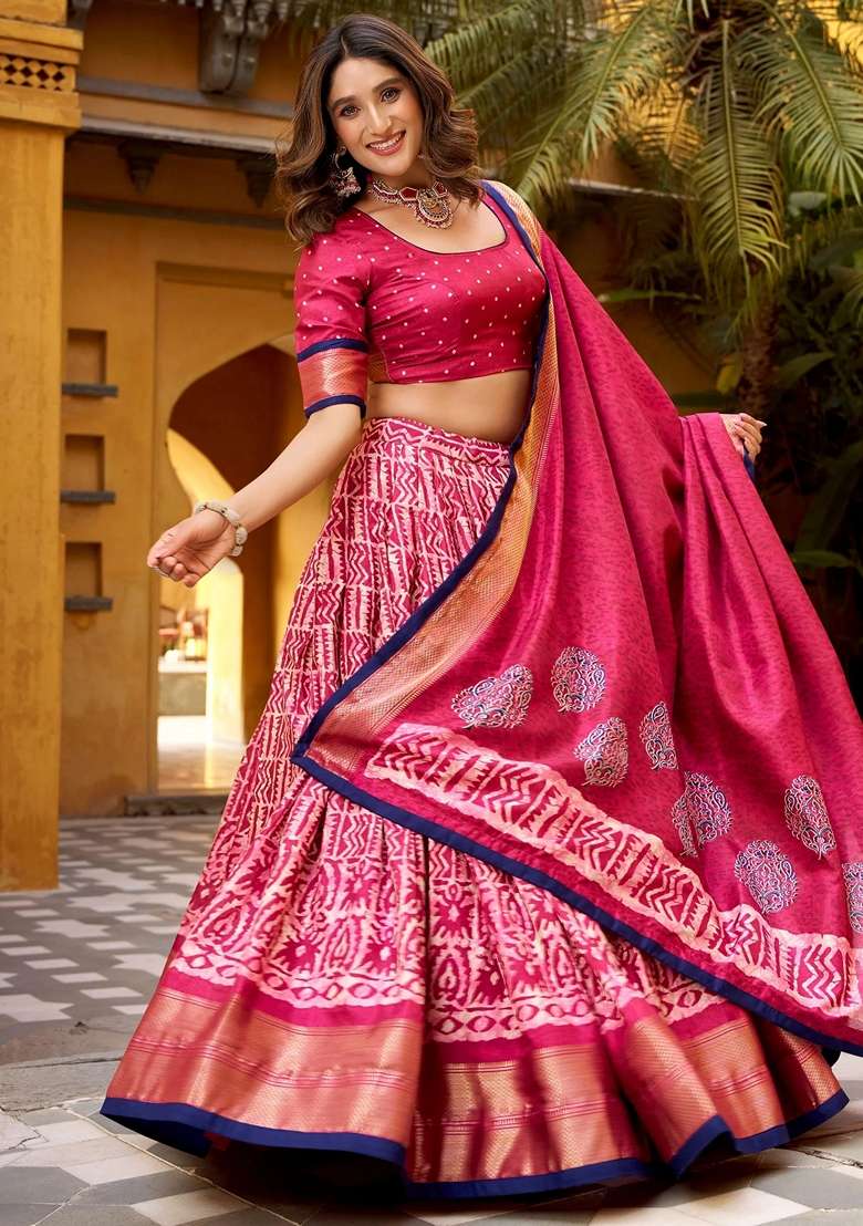 Pink Silk Blend Lehenga Set with Printed for Diwali | Wedding & Festive Wear - Indya