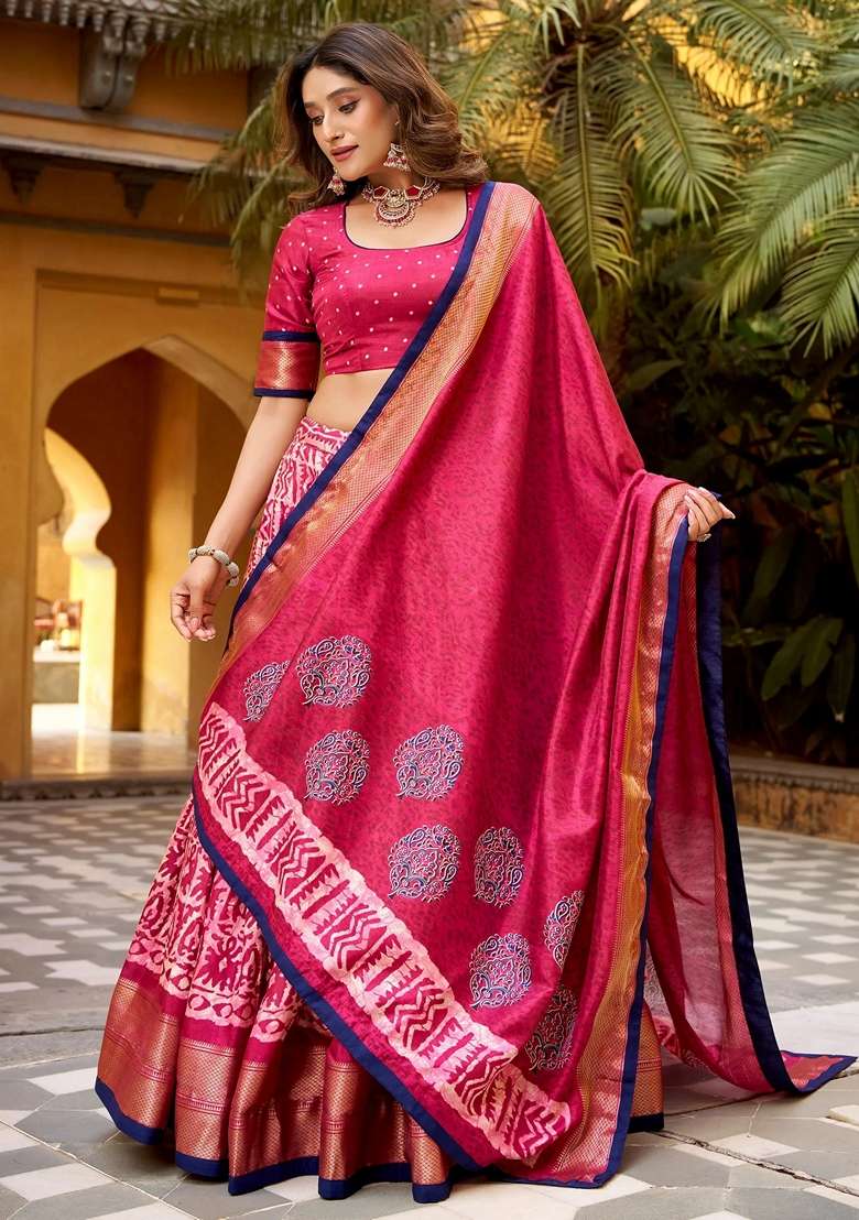 Pink Silk Blend Lehenga Set with Printed for Diwali | Wedding & Festive Wear - Indya