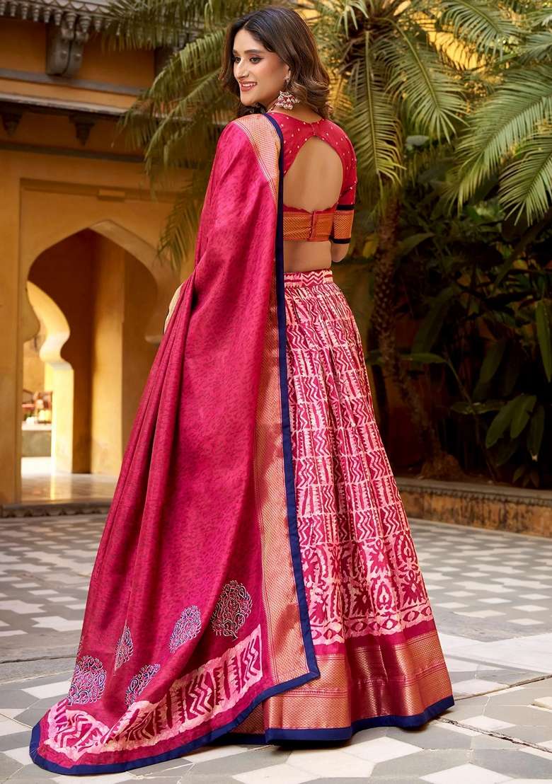 Pink Silk Blend Lehenga Set with Printed for Diwali | Wedding & Festive Wear - Indya