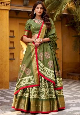 Green Printed Silk Blend Lehenga Set