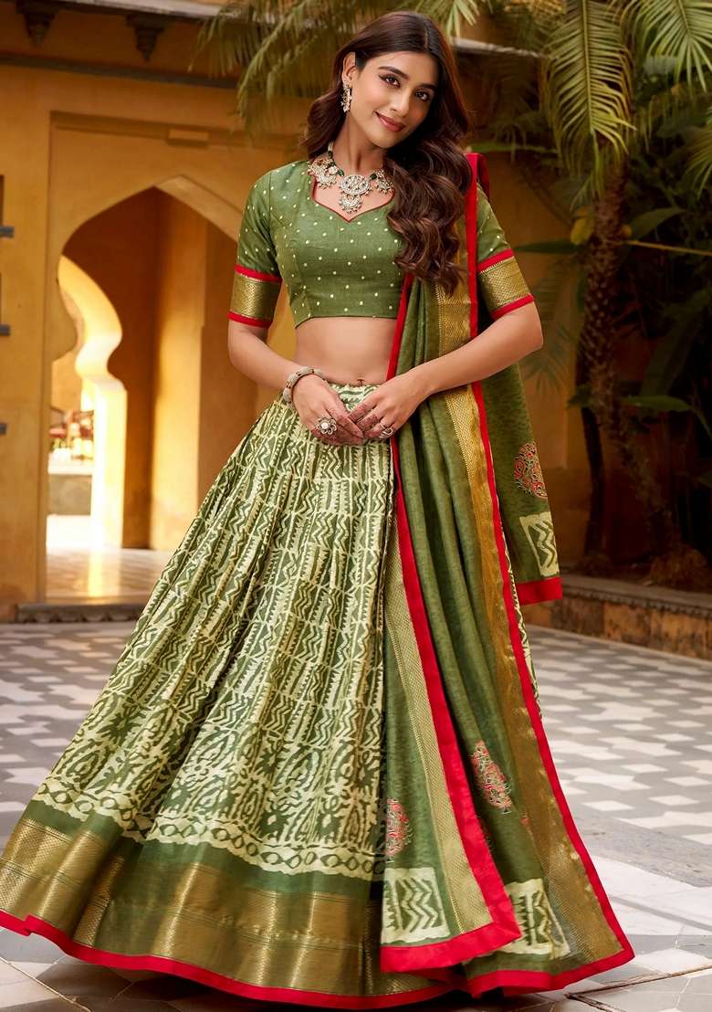 Green Silk Blend Lehenga Set with Printed for Diwali | Wedding & Festive Wear - Indya