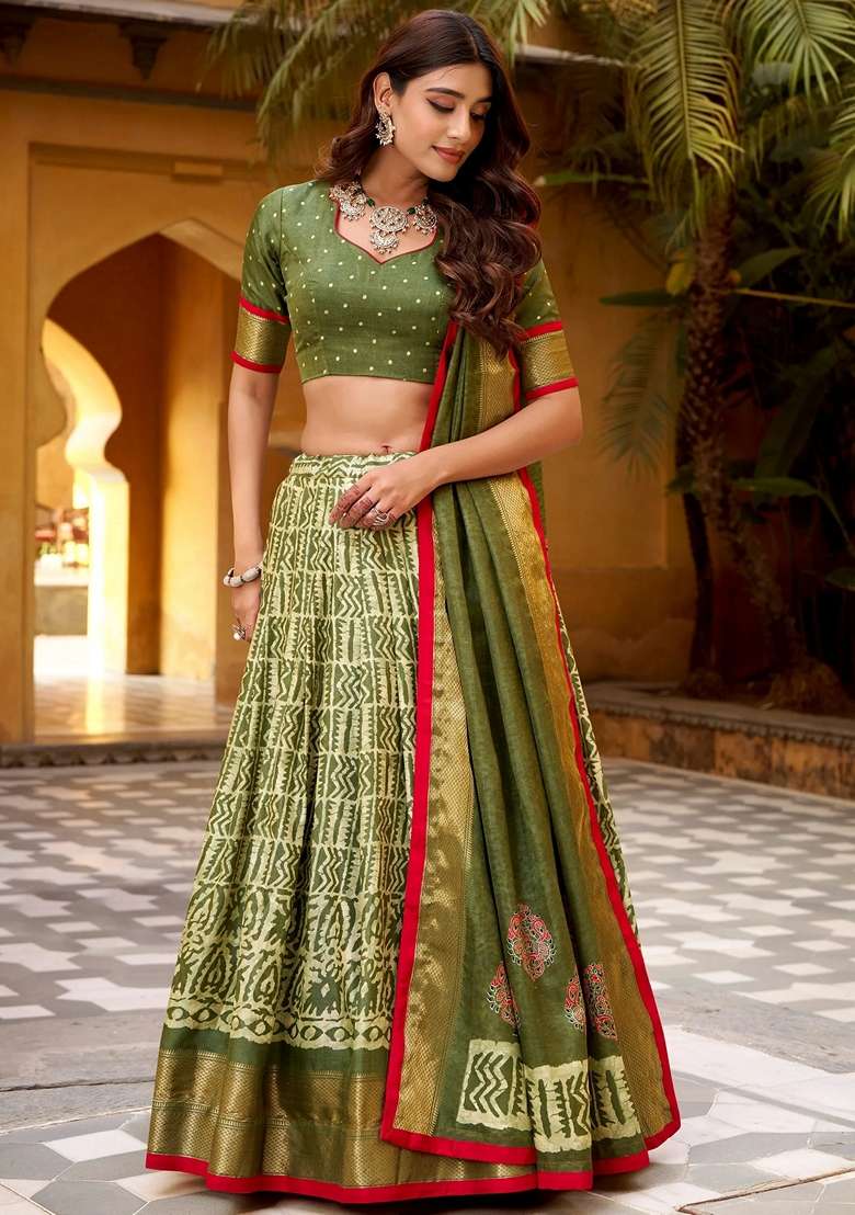 Green Silk Blend Lehenga Set with Printed for Diwali | Wedding & Festive Wear - Indya