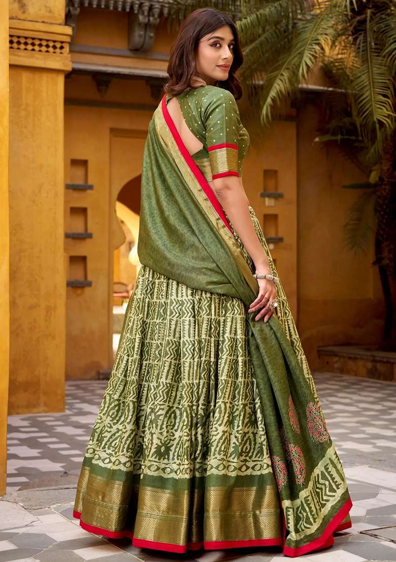 Green Silk Blend Lehenga Set with Printed for Diwali | Wedding & Festive Wear - Indya