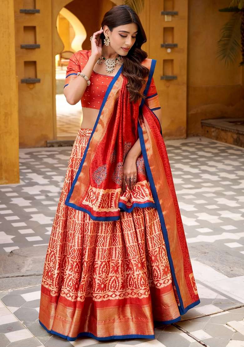 Orange Printed Silk Blend Lehenga Set for Diwali and Festive Wear - Indya