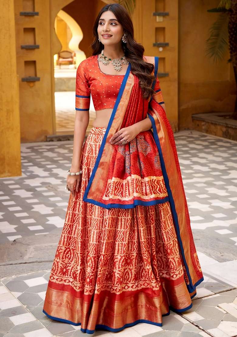 Orange Printed Silk Blend Lehenga Set for Diwali and Festive Wear - Indya