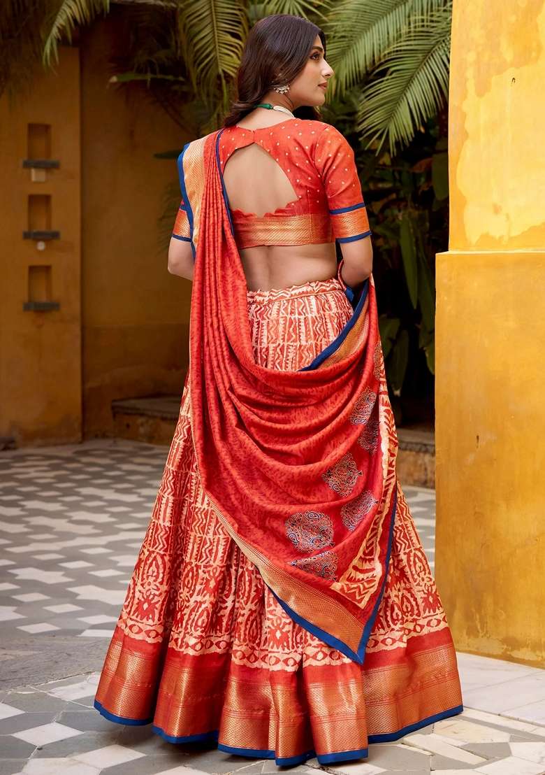 Orange Printed Silk Blend Lehenga Set for Diwali and Festive Wear - Indya