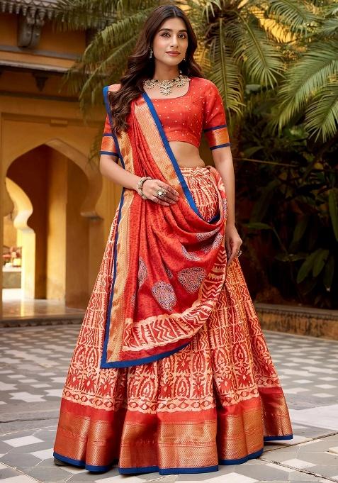 Orange Printed Silk Lehenga Set — view on Indya