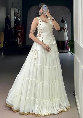 White Mirror Work Chiffon Lehenga Set