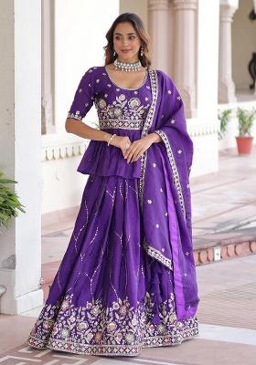 Purple Zari Work Organza Lehenga Set