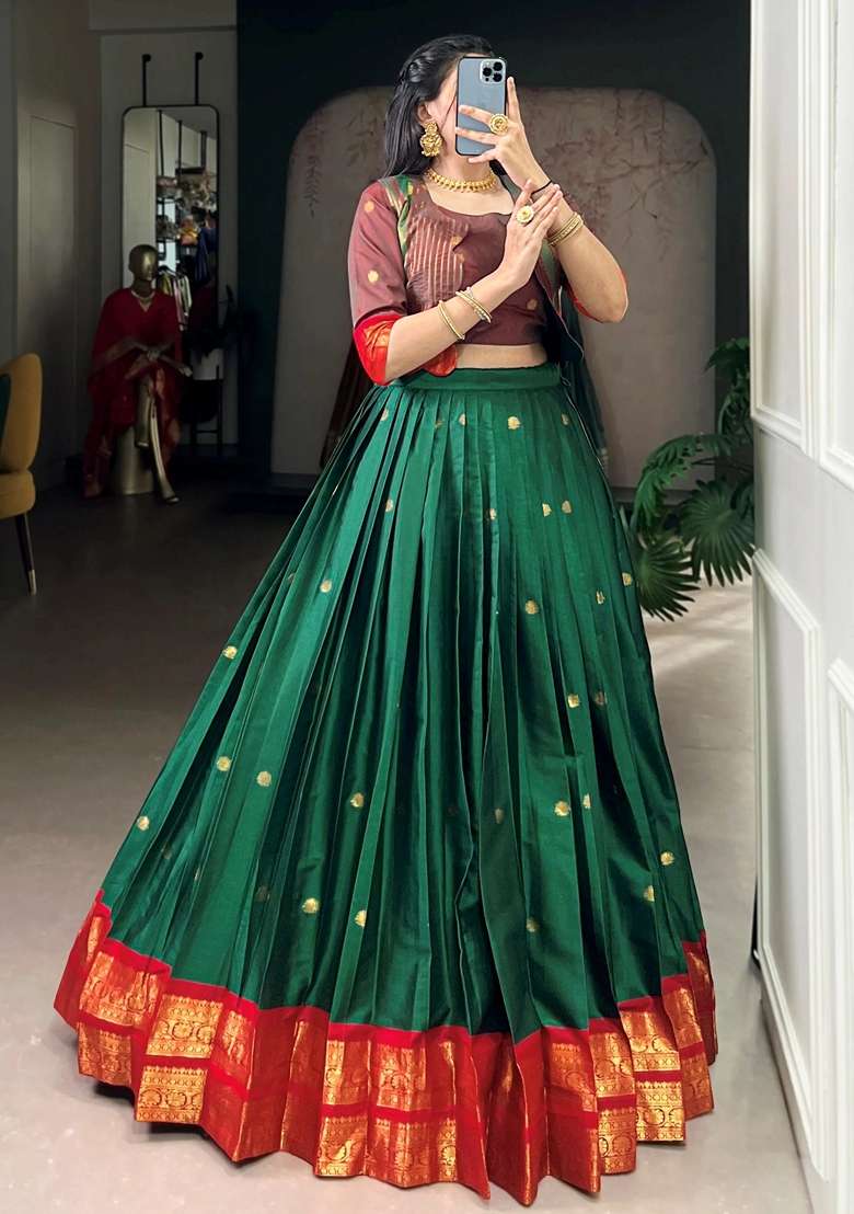 Green Zari Work Cotton Lehenga Set - Indya