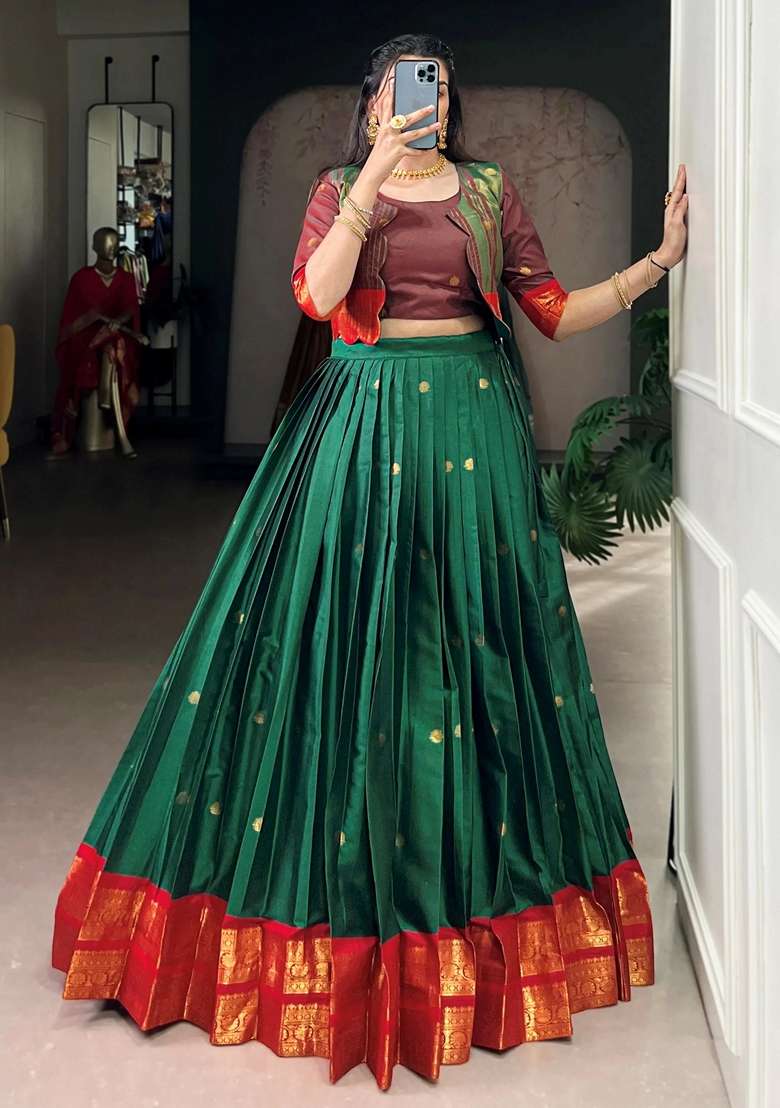 Green Zari Work Cotton Lehenga Set - Indya