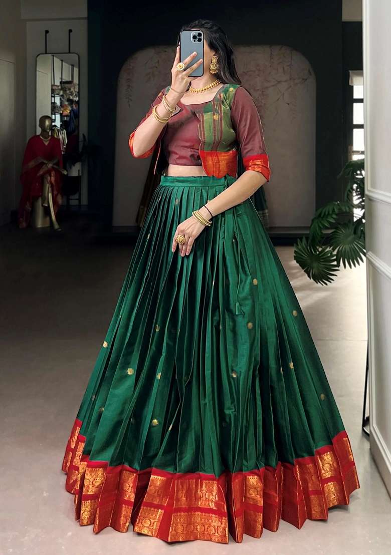 Green Zari Work Cotton Lehenga Set - Indya