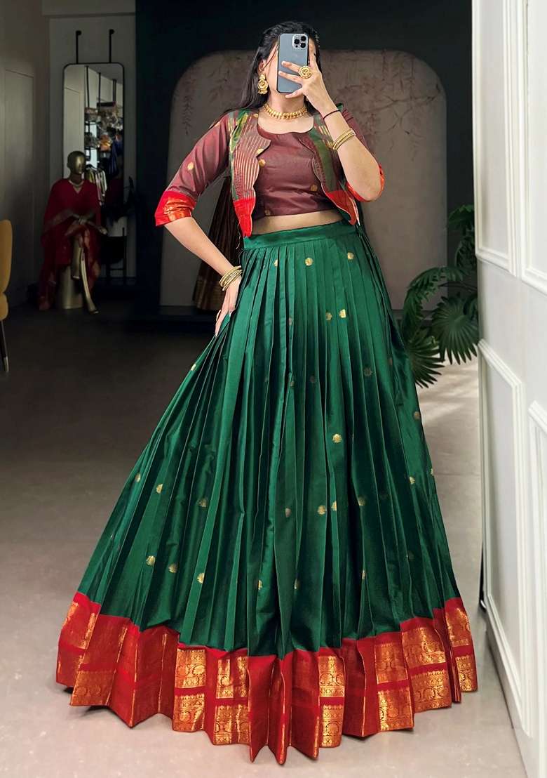 Green Zari Work Cotton Lehenga Set - Indya