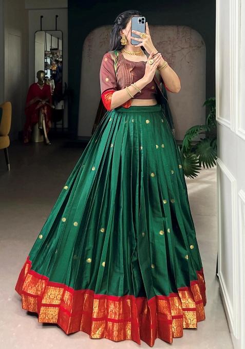 Green Zari Work Cotton Lehenga Set