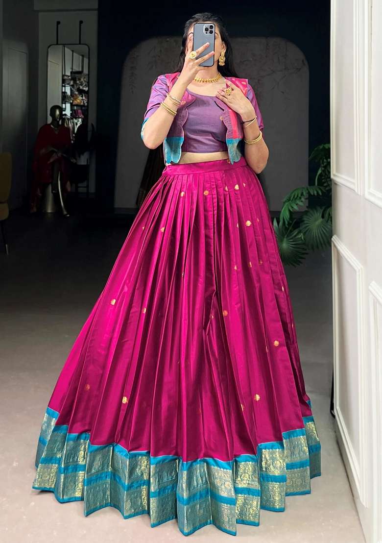 Pink Zari Work Cotton Chaniya Choli Set For Navratri And Garba - Indya