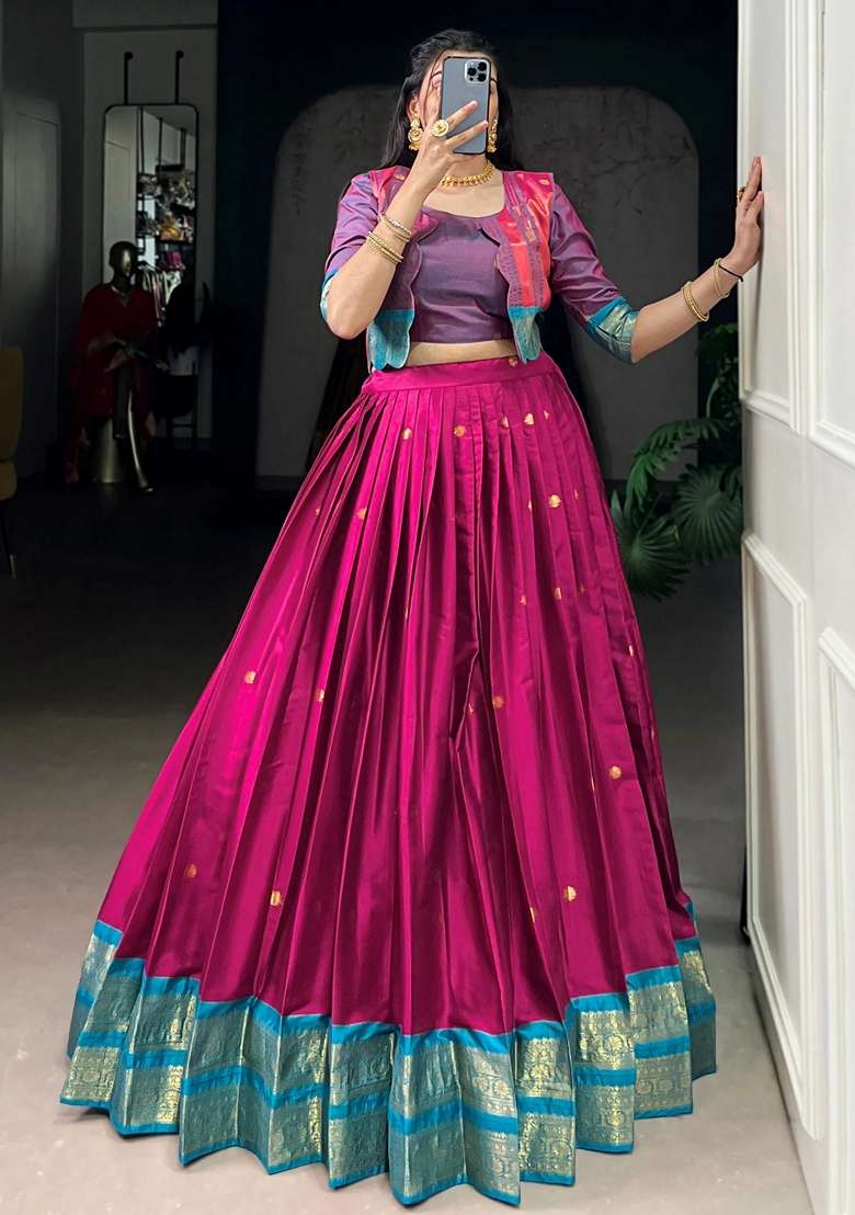 Pink Zari Work Cotton Chaniya Choli Set For Navratri And Garba - Indya