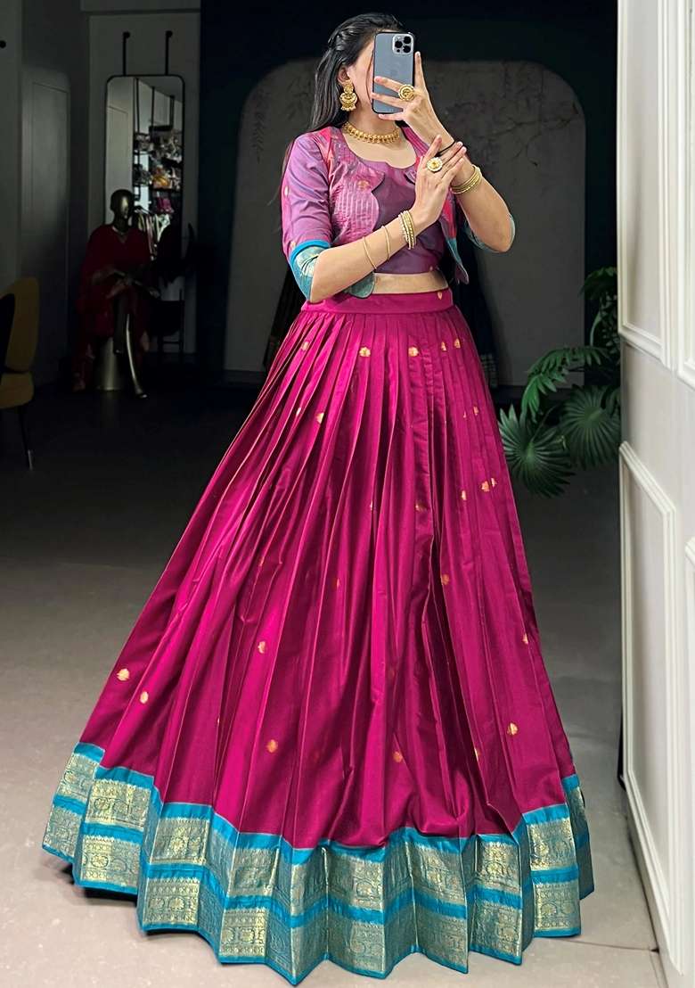 Pink Zari Work Cotton Chaniya Choli Set For Navratri And Garba - Indya