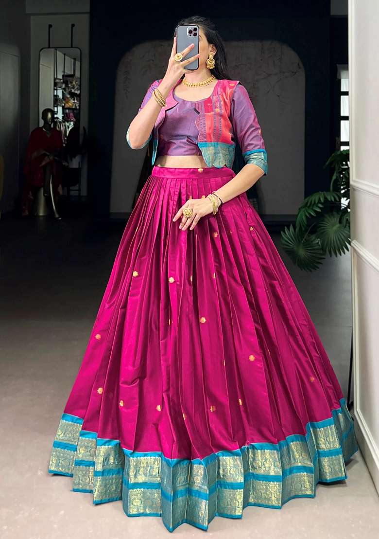 Pink Zari Work Cotton Chaniya Choli Set For Navratri And Garba - Indya