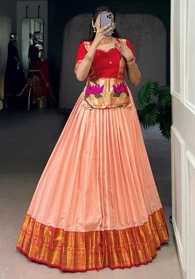 Peach Zari Work Silk Blend Lehenga Set
