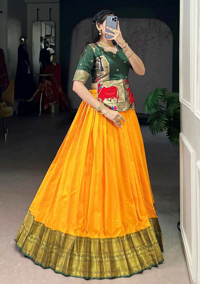 Yellow Zari Work Silk Blend Chaniya Choli Set For Navratri And Garba - Indya