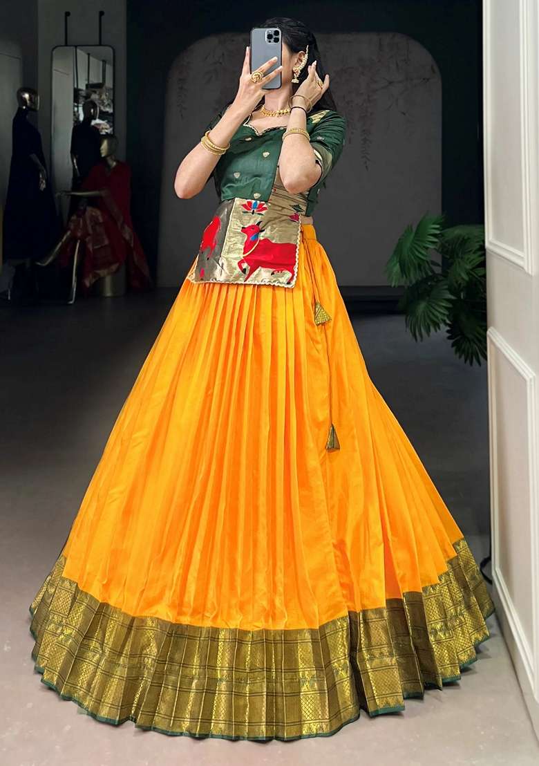 Yellow Zari Work Silk Blend Chaniya Choli Set For Navratri And Garba - Indya