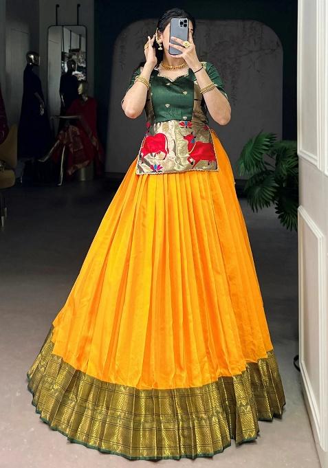 Yellow Zari Work Silk Blend Chaniya Choli Set For Navratri And Garba
