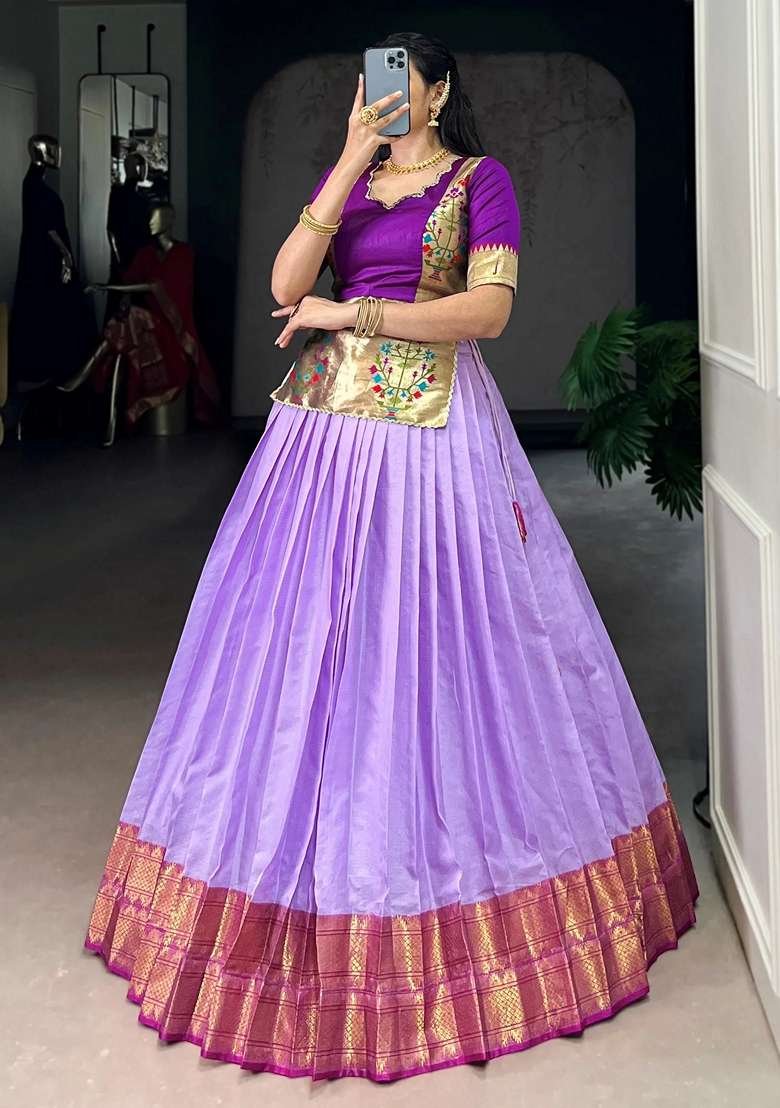 Lavender Zari Work Silk Blend Lehenga Set - Indya