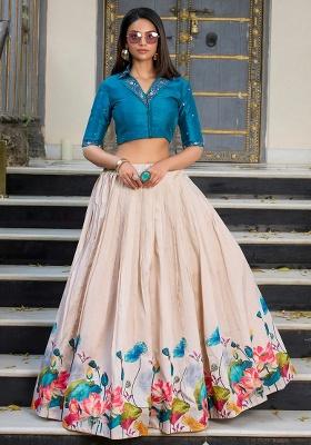 Cream Floral Print Silk Blend Lehenga Set