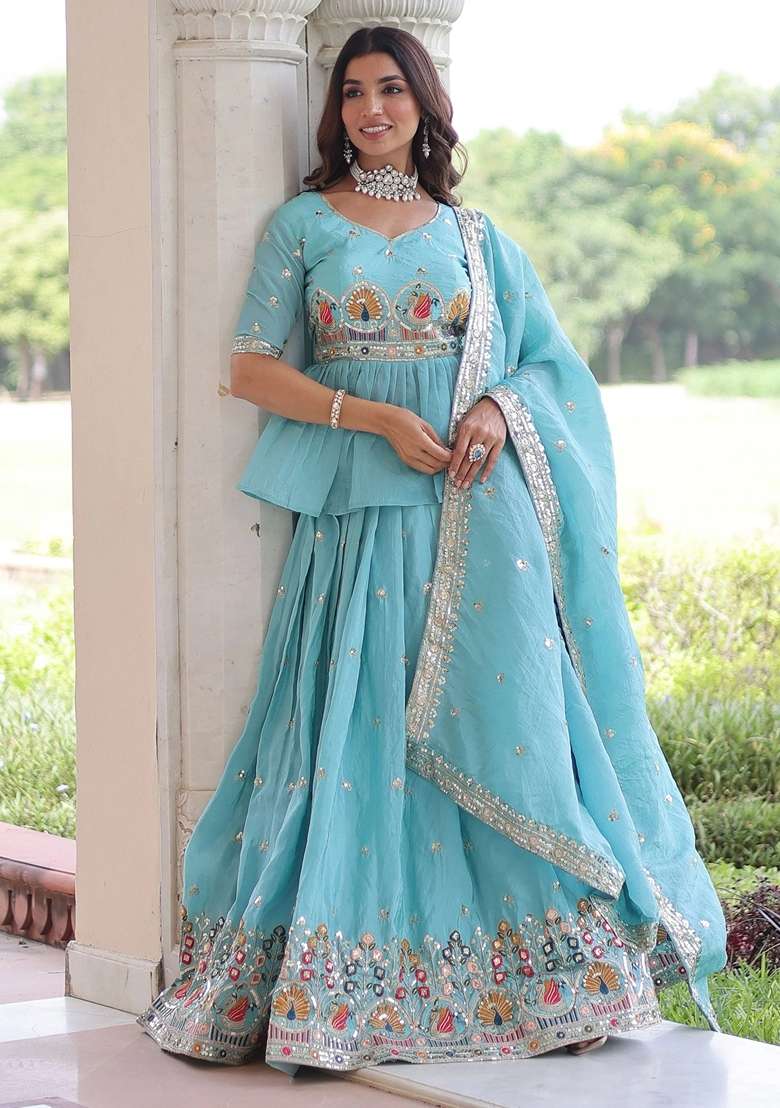 Blue Silk Blend Lehenga Set with Embroidery for Diwali | Wedding & Festive Wear - Indya
