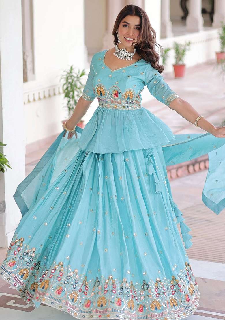 Blue Silk Blend Lehenga Set with Embroidery for Diwali | Wedding & Festive Wear - Indya