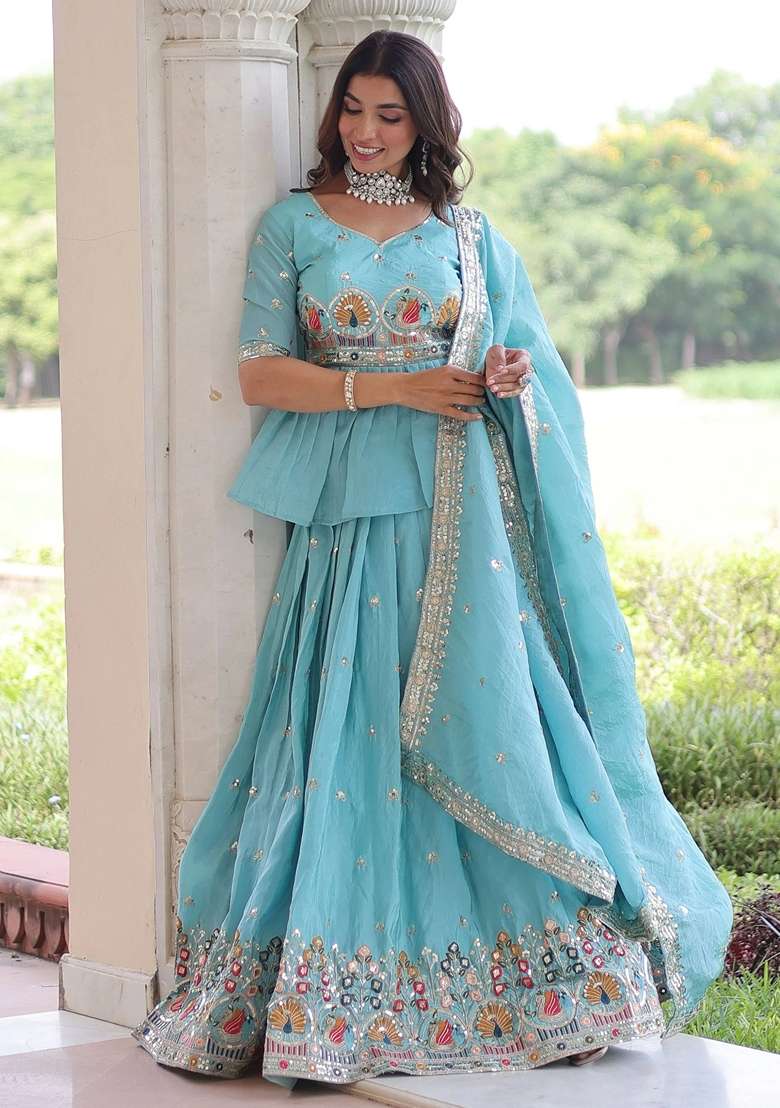 Blue Silk Blend Lehenga Set with Embroidery for Diwali | Wedding & Festive Wear - Indya