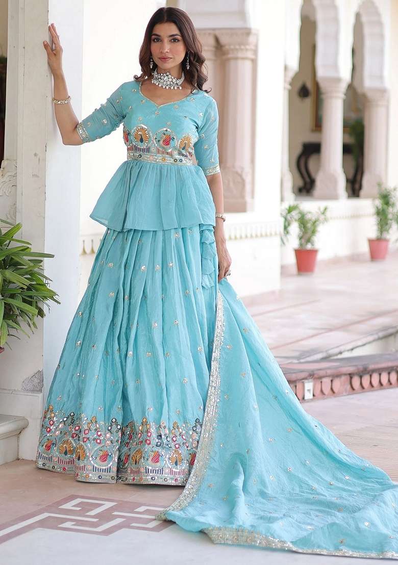 Blue Silk Blend Lehenga Set with Embroidery for Diwali | Wedding & Festive Wear - Indya