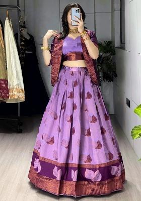 Wine Printed Silk Lehenga Set