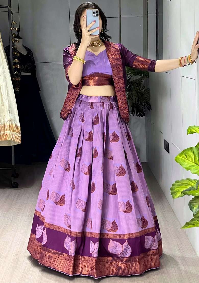 Wine Printed Silk Lehenga Set for Diwali and Festive Wear - Indya