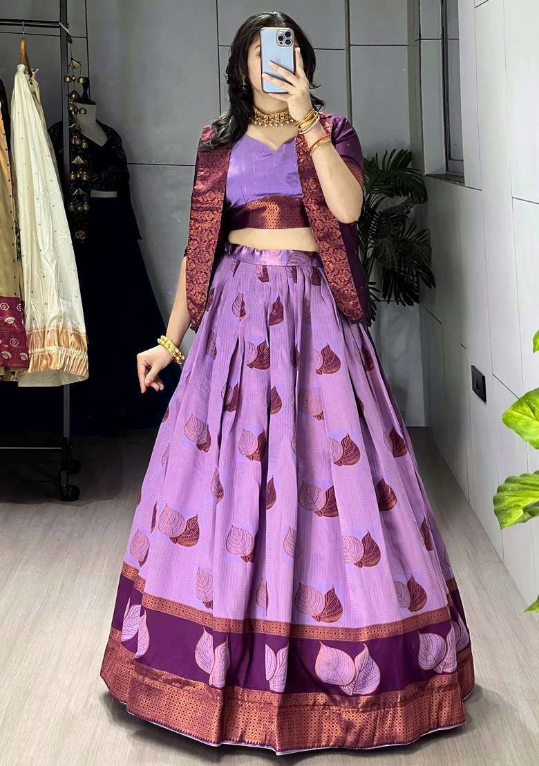 Wine Printed Silk Lehenga Set for Diwali and Festive Wear - Indya