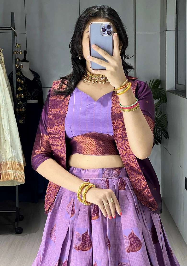 Wine Printed Silk Lehenga Set for Diwali and Festive Wear - Indya