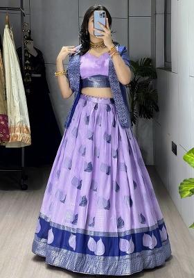 Purple Printed Silk Lehenga Set