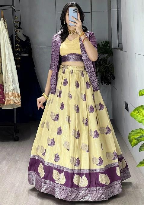 Yellow Printed Silk Lehenga Set