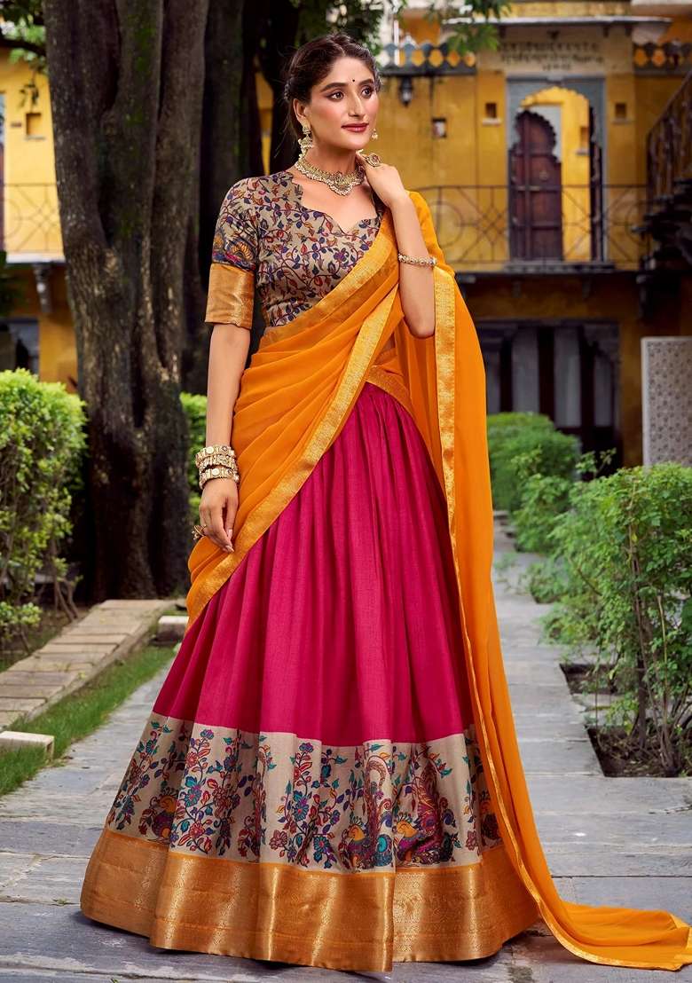 Pink Zari Work Silk Blend Lehenga Set for Diwali and Festive Wear - Indya