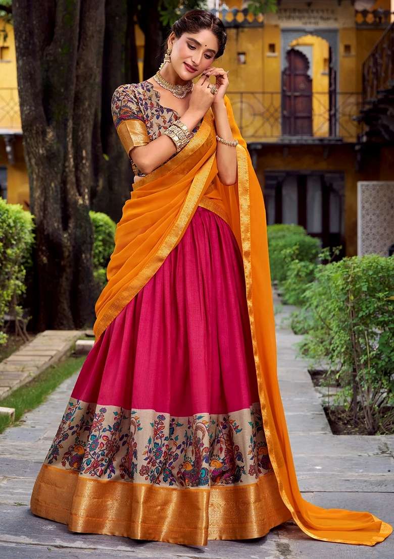 Pink Zari Work Silk Blend Lehenga Set for Diwali and Festive Wear - Indya