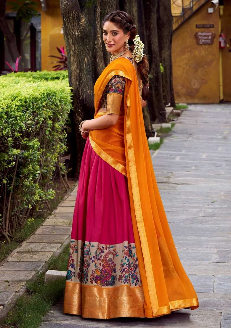 Pink Zari Work Silk Blend Lehenga Set for Diwali and Festive Wear - Indya