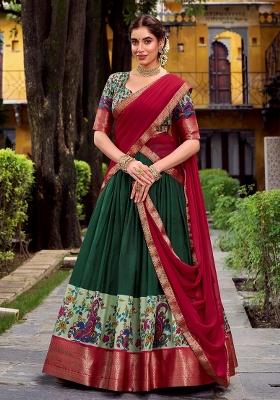 Green Zari Work Silk Blend Lehenga Set
