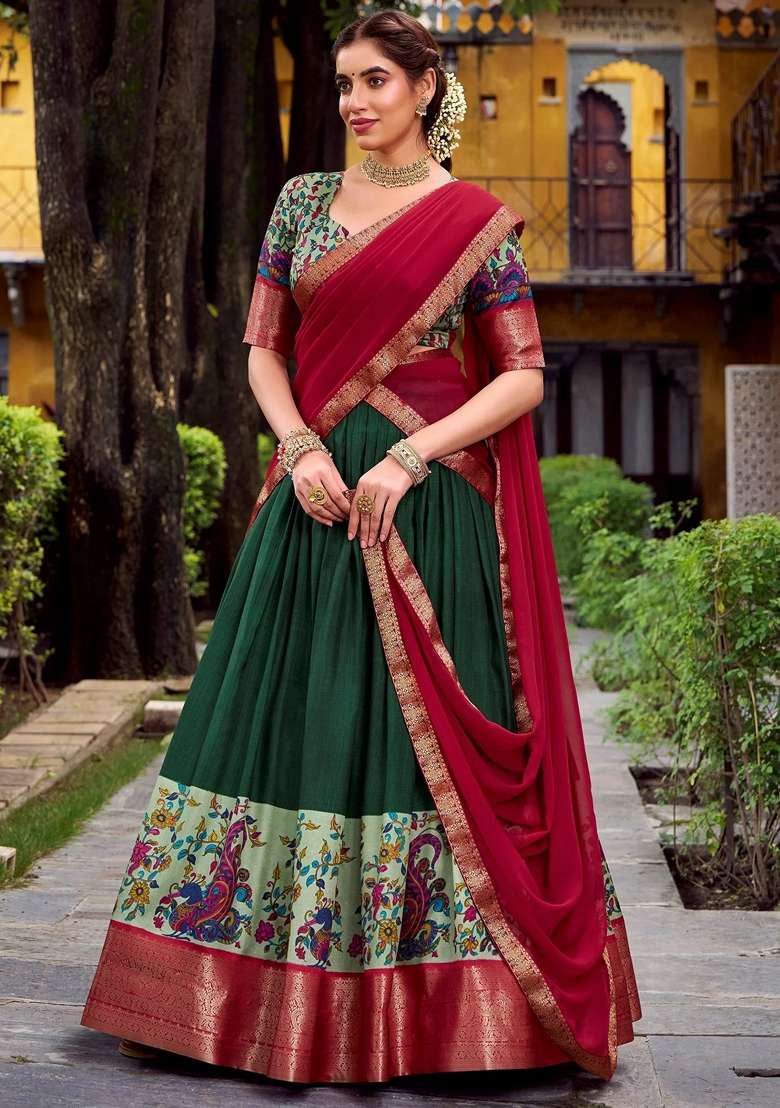 Green Silk Blend Lehenga Set with Zari Work for Diwali | Wedding & Festive Wear - Indya